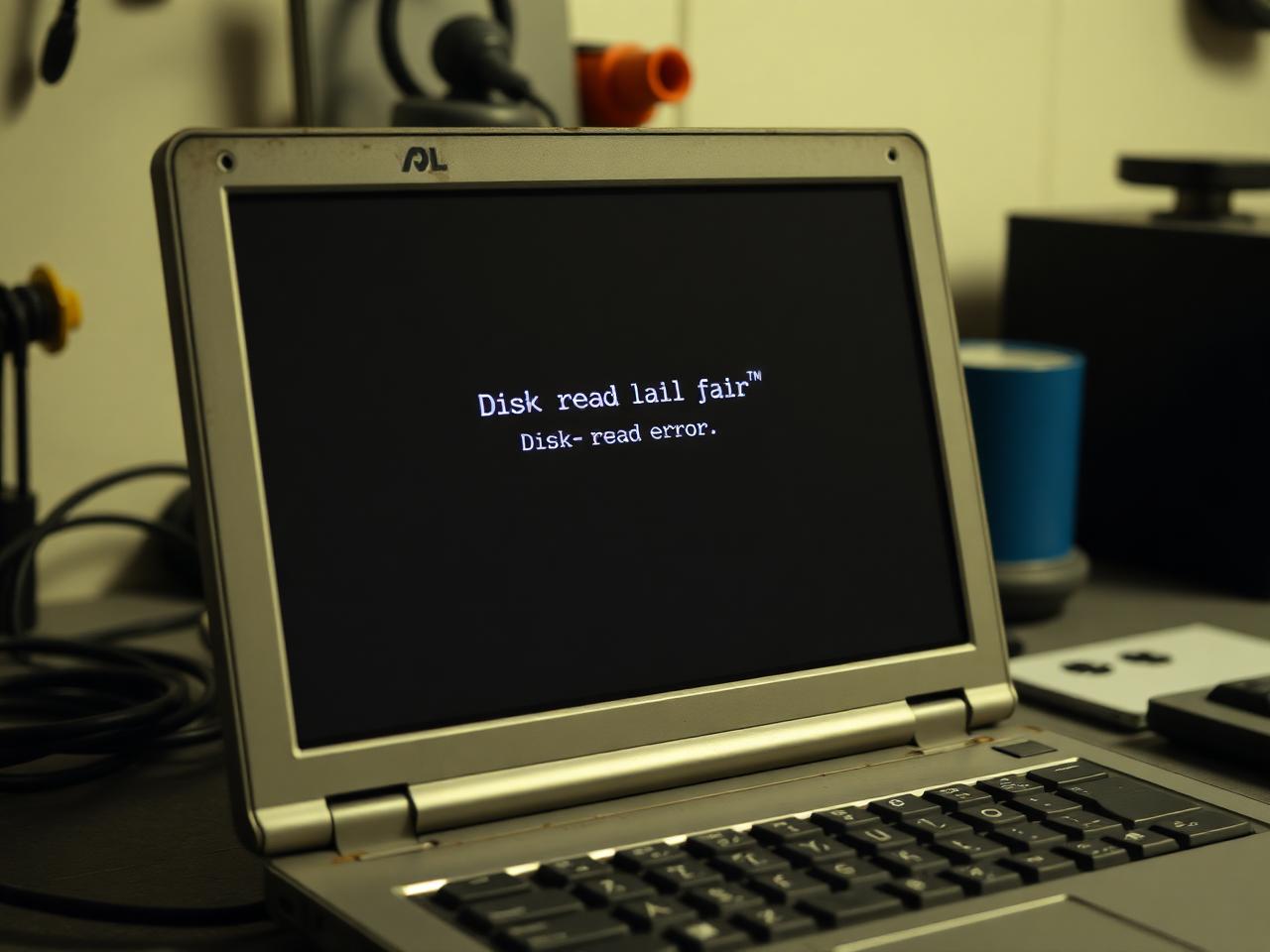 Older laptop showing a disk read error message on a black boot screen