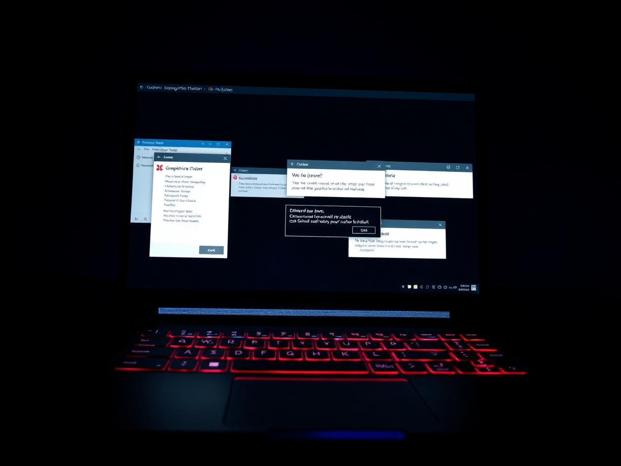 Gaming laptop screen filled with graphics driver crash error pop-ups