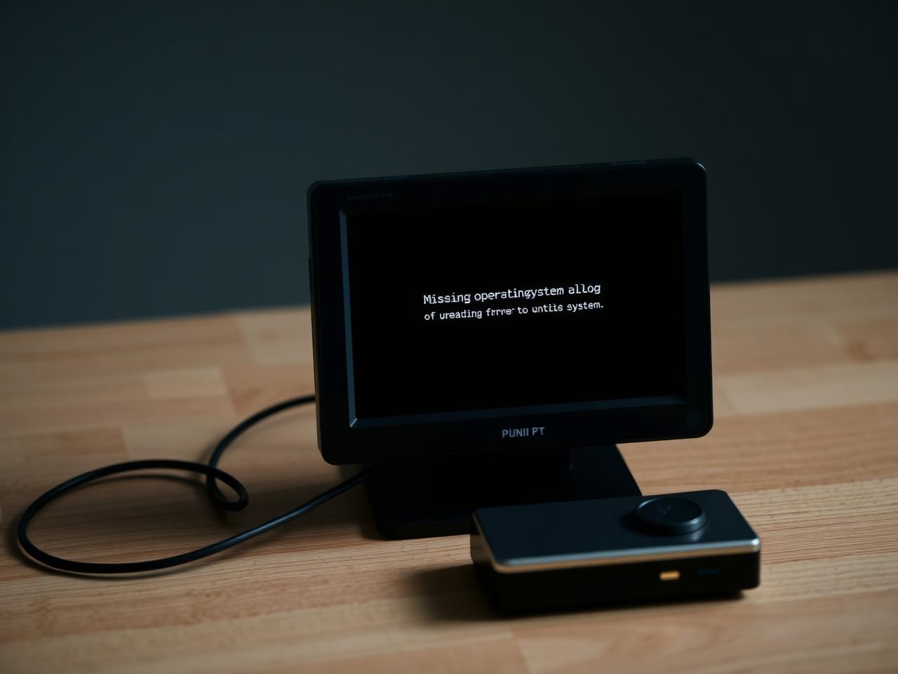 Mini PC connected to a small monitor showing a missing operating system error