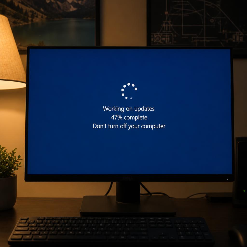 Desktop monitor showing a Windows update frozen mid-installation