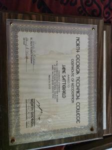 North Georgia Technical College Certificate of Recognition awarded to Jane Satterfield